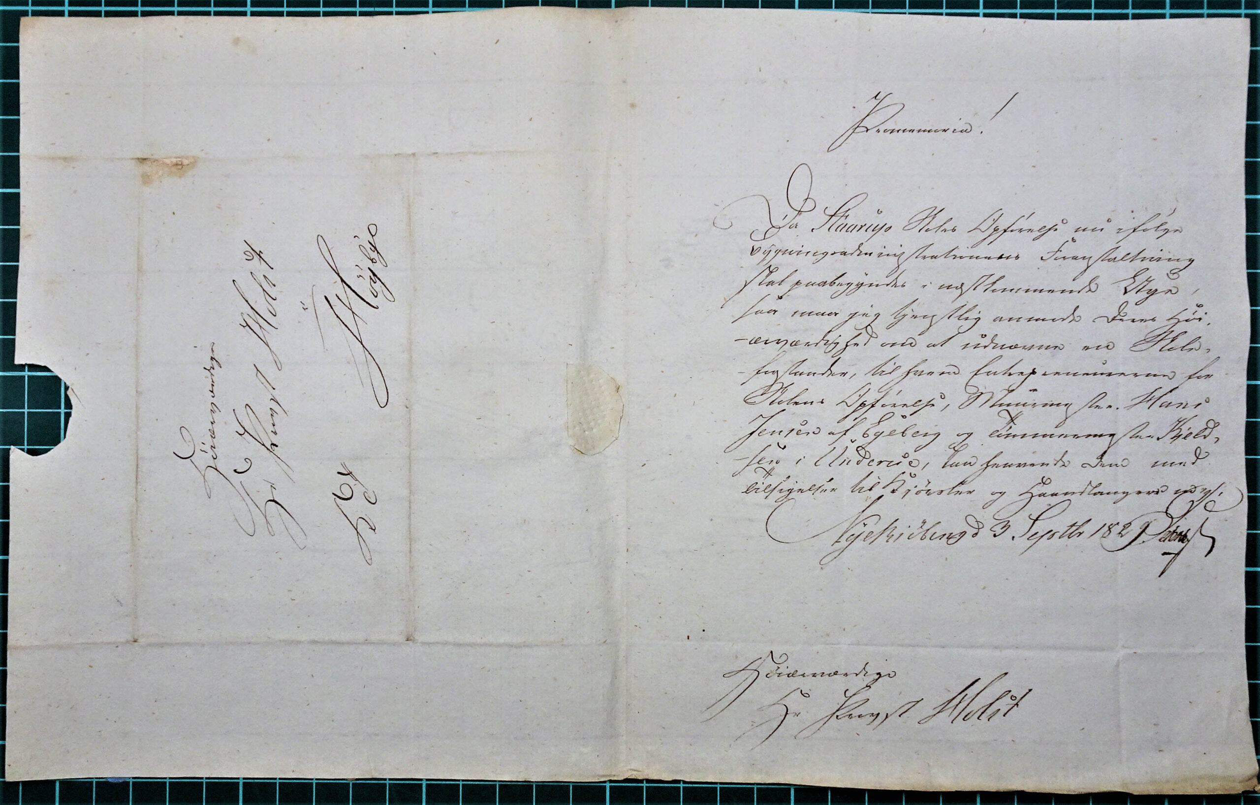 Originalbrev af 3. september 1829. Byggestart og hjælp til håndværkerne. Hele det affotograferede brevblad.