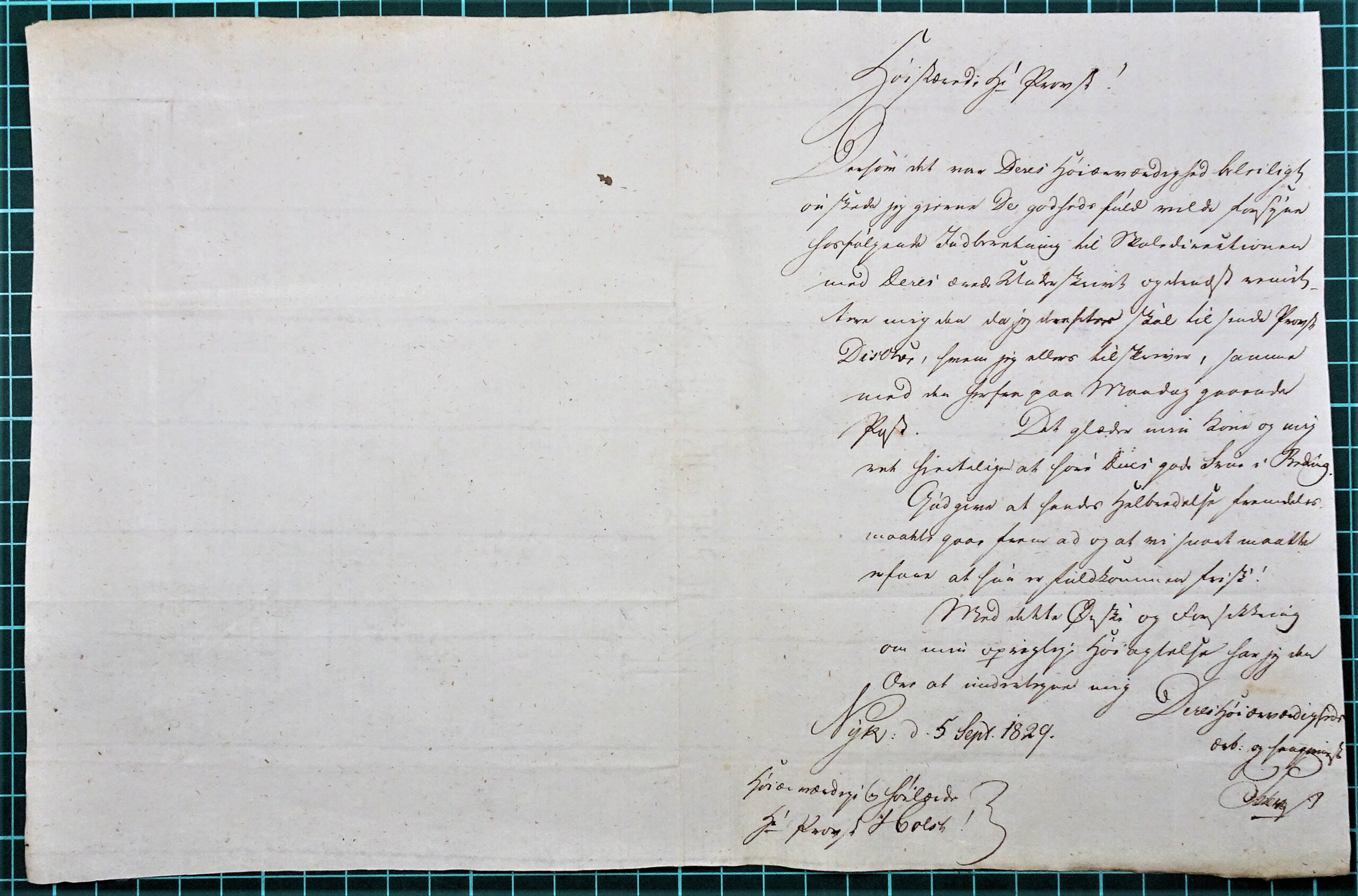 Originalbrev af 5. september 1829. En indberetning og en personlig hilsen. Hele det affotograferede brevblad.