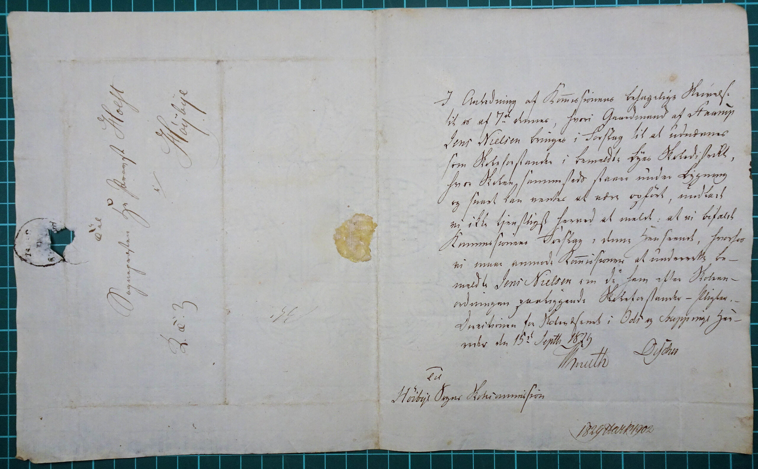 Originalbrev af 15. september 1829. Jens Nielsen godkendes som skoleforstander i Stårup. Hele det affotograferede brevblad.