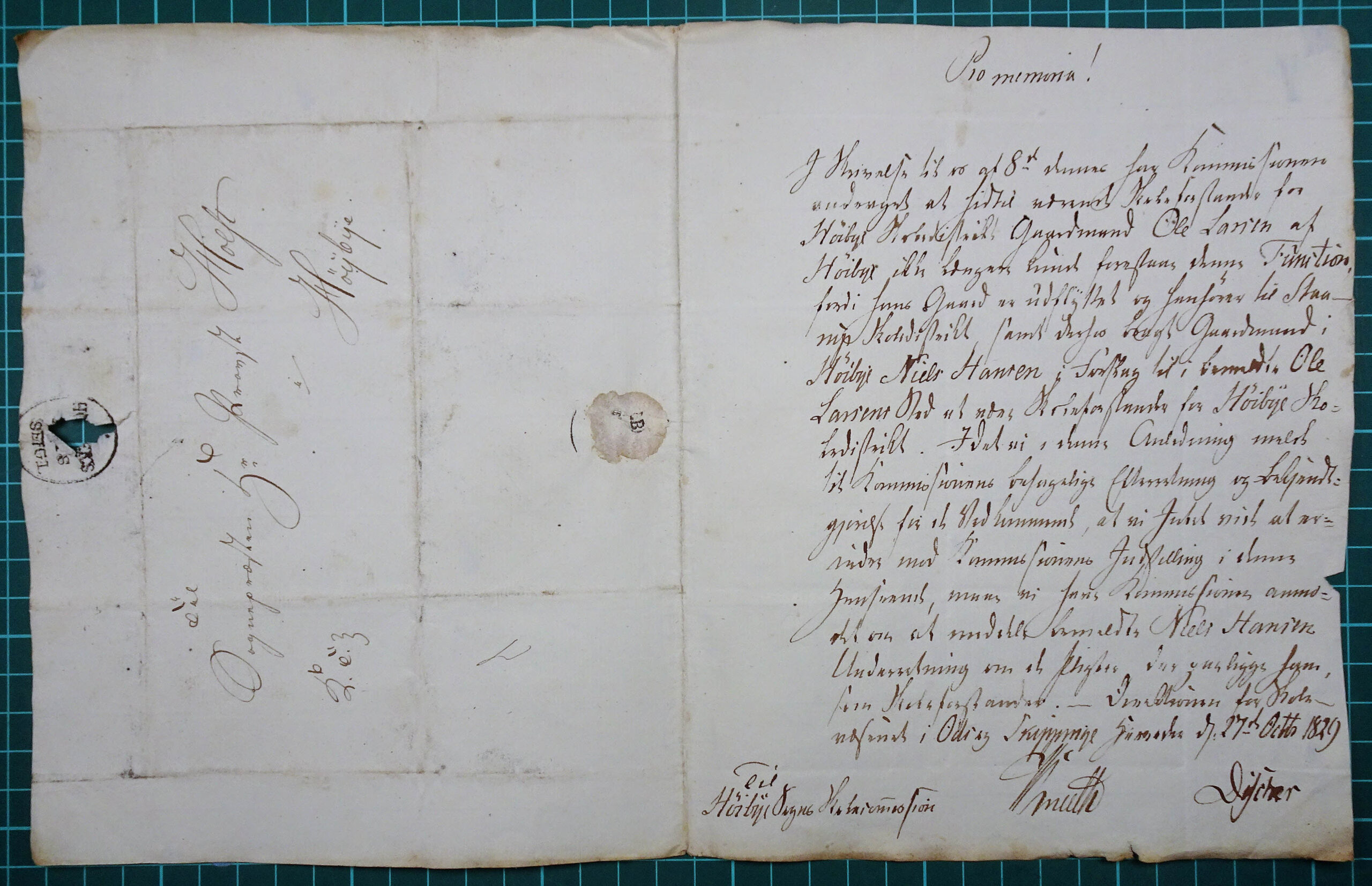 Originalbrev af 27. oktober 1829. Niels Hansen skal afløse Ole Larsen i Højby. Hele det affotograferede brevblad.